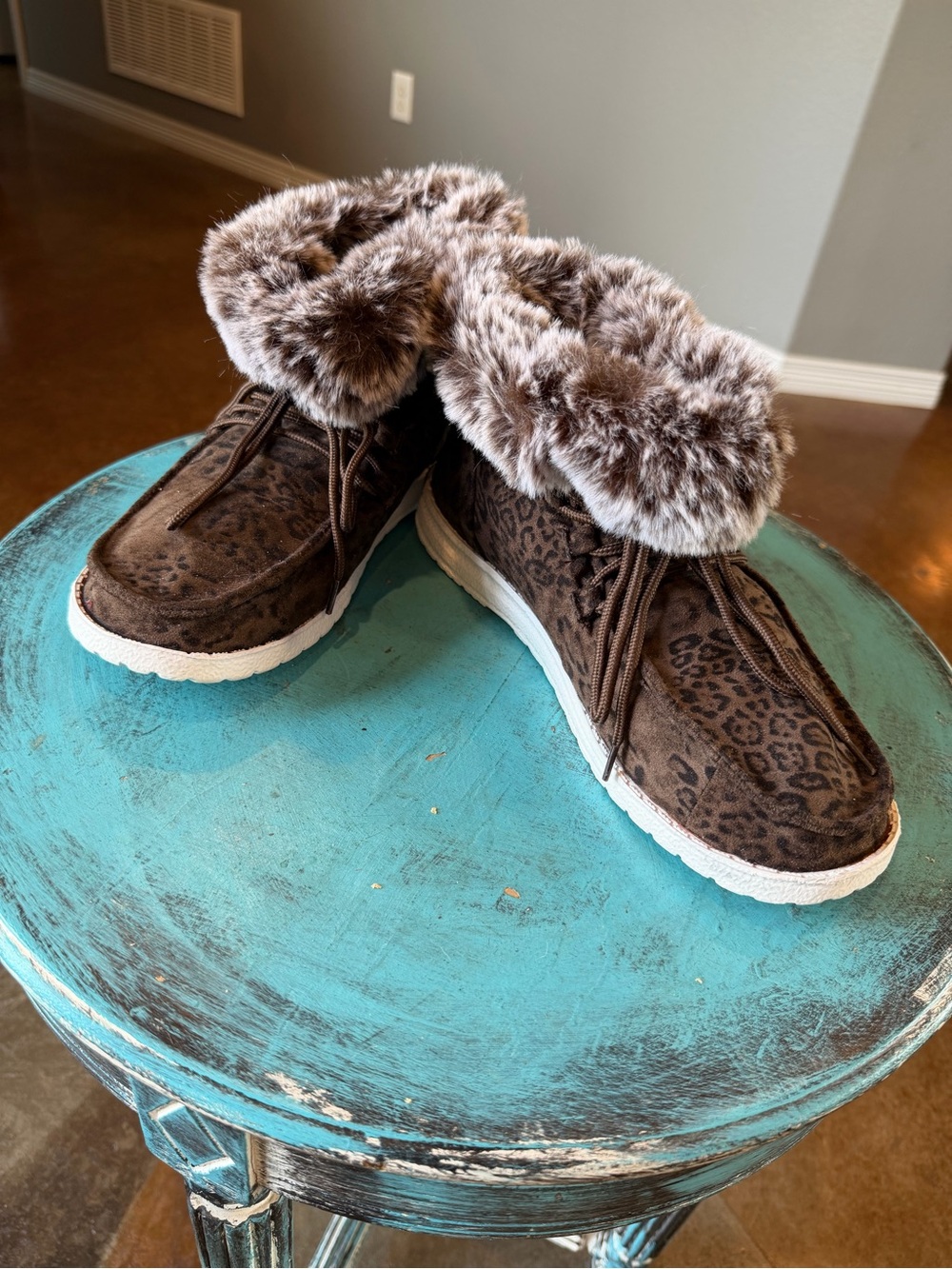 Gypsy Jazz Brown Leopard Faux Fur Cuff Ankle Booties